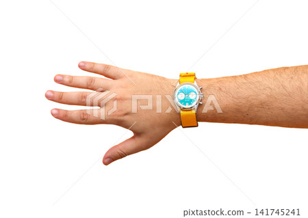 Male hand wearing a stylish wristwatch with a bright turquoise dial and a vibrant yellow fabric strap, isolated on white background, fashion and accessories concept Male hand wearing a stylish wristwatch with a bright turquoise dial and a vibrant yellow fabric strap, isolated on white background, fashion and accessories concept 141745241