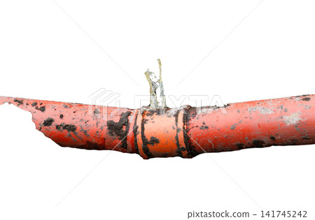Leaking underground orange utility pipe with water spraying out, isolated on white background, plumbing repair, damage, and infrastructure concept Leaking underground orange utility pipe with water spraying out, isolated on white background, plumbing repair, damage, and infrastructure concept 141745242