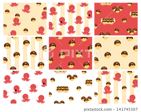 Set of 9 backgrounds featuring octopus and takoyaki patterns Set of 9 backgrounds featuring octopus and takoyaki patterns 141745307