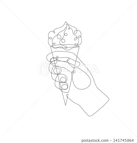 Monoline illustration of a hand holding ice cream, isolated on white background 141745864