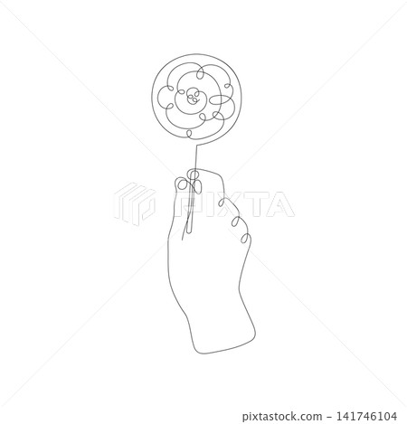 Monoline illustration of a hand holding lollipop, isolated on white background 141746104