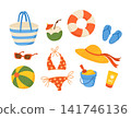 Cute summer beach stickers set isolated on white. Colourfull hand drawn collection with bikini, inflatable ring, sunglass, bag, hat, sunscreen, bucket, slippers, ball and coconut drink. 141746136