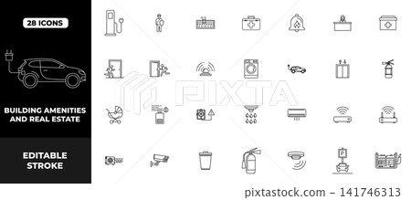 Building Amenities and Real Estate Outline Icon Set with Property, Safety and Facility Management Icons Building Amenities and Real Estate Outline Icon Set with Property, Safety and Facility Management Icons 141746313