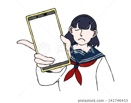 Female student in uniform, showing smartphone screen, SNS message, depressed, illustration. Female student in uniform, showing smartphone screen, SNS message, depressed, illustration. 141746433