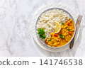Vegan chickpea curry dish with rice top view 141746538