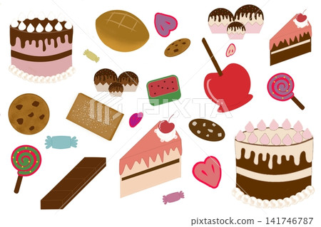 Cute hand drawn dessert and bakery clipart set, sweet cake, cookies, lollipop, chocolate, apple candy element set, minimal food illustration for sticker or menu design. Cute hand drawn dessert and bakery clipart set, sweet cake, cookies, lollipop, chocolate, apple candy element set, minimal food illustration for sticker or menu design. 141746787