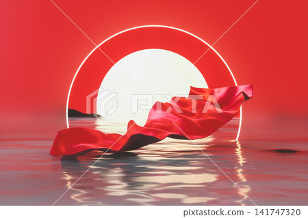 3D red silk fabric floating over water with glowing moon podium for product display. 141747320