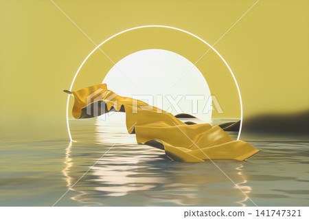 3D gold silk fabric floating over water with glowing moon podium for product display. 3D gold silk fabric floating over water with glowing moon podium for product display. 141747321