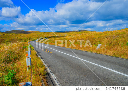 In November, as autumn deepens, a road stretches endlessly through the karst plateau, from the foreground to the upper left and into the distance at Akiyoshidai. In November, as autumn deepens, a road stretches endlessly through the karst plateau, from the foreground to the upper left and into the distance at Akiyoshidai. 141747386