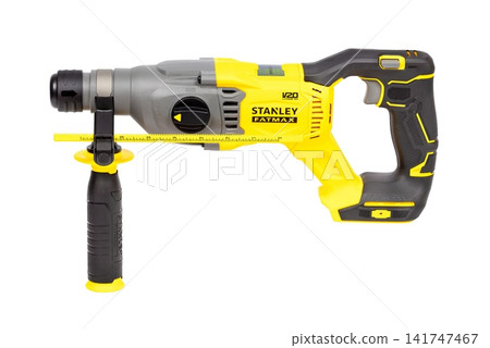 Tool with drill and measuring feature shown in the image used for construction and repair tasks. 08.04.2026. Kyiv. Ukraine Tool with drill and measuring feature shown in the image used for construction and repair tasks. 08.04.2026. Kyiv. Ukraine 141747467