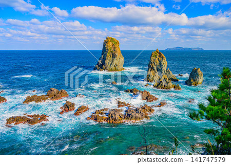 In November, as autumn deepens, the rough waves of the Sea of Japan, Seagull Rock, and the Sixteen Arhats are prominently captured in the center of the view from the Aoshima Nature Trail. In November, as autumn deepens, the rough waves of the Sea of Japan, Seagull Rock, and the Sixteen Arhats are prominently captured in the center of the view from the Aoshima Nature Trail. 141747579