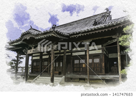 岡山縣倉敷市倉敷美麗館歷史街區觀龍寺正殿的水彩風格繪畫。 岡山縣倉敷市倉敷美麗館歷史街區觀龍寺正殿的水彩風格繪畫。 141747683