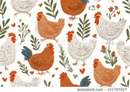 Hand drawn chickens, plants, flowers and hearts on white background. Vector illustration with cute farm animals. Hand drawn chickens, plants, flowers and hearts on white background. Vector illustration with cute farm animals. 141747927