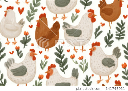 Hand drawn chickens, plants, flowers and hearts on white background. Vector illustration with cute farm animals. Hand drawn chickens, plants, flowers and hearts on white background. Vector illustration with cute farm animals. 141747931