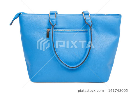 Bright blue leather women tote bag with zipper pocket isolated on white background. Stylish azure female handbag with handles studio shot Bright blue leather women tote bag with zipper pocket isolated on white background. Stylish azure female handbag with handles studio shot 141748005