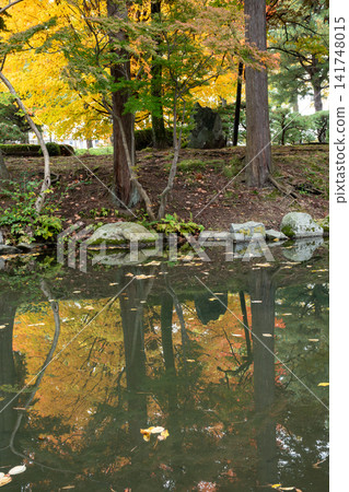 The surface of the stream reflects the autumn leaves of the maple trees in the park. The surface of the stream reflects the autumn leaves of the maple trees in the park. 141748015