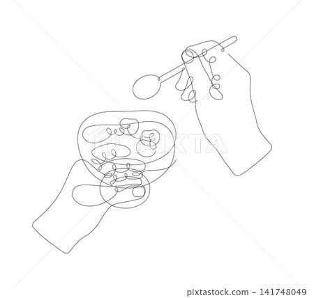 Monoline illustration of a hands holding dessert and spoon, isolated on white background Monoline illustration of a hands holding dessert and spoon, isolated on white background 141748049
