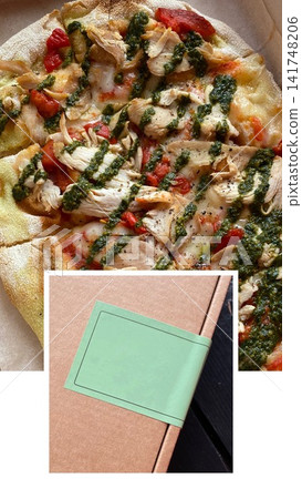 Close-up of freshly baked pizza with chicken, melted cheese, tomatoes and pesto sauce. 141748206