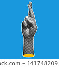 Halftone Hand Crossed Fingers Luck Hope Blue Illustration 141748209