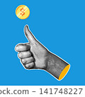 Halftone Hand Tossing Dollar Coin Blue Illustration 141748227