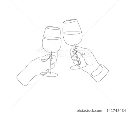 Monoline illustration of a hands holding wine glasses, isolated on white background 141748484