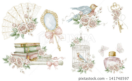 Vintage feminine watercolor collection. Elements isolated on background. Romantic floral clipart with rose flowers, birds, birdcage and books for wedding invitations, stationery and scrapbook. Vintage feminine watercolor collection. Elements isolated on background. Romantic floral clipart with rose flowers, birds, birdcage and books for wedding invitations, stationery and scrapbook. 141748597