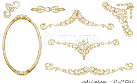 Ornate ornament watercolor set. Decorative Wrought golden vintage borders and frames isolated on background. Illustration clipart for Victorian stationery and vintage invitations. Ornate ornament watercolor set. Decorative Wrought golden vintage borders and frames isolated on background. Illustration clipart for Victorian stationery and vintage invitations. 141748598