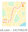 A city map illustration that guides you to your destination using cat paw print routes. 141749239
