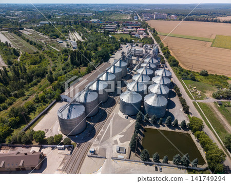 Panoramic Drone View of Agricultural Silo Complex and Grain Elevator Panoramic Drone View of Agricultural Silo Complex and Grain Elevator 141749294