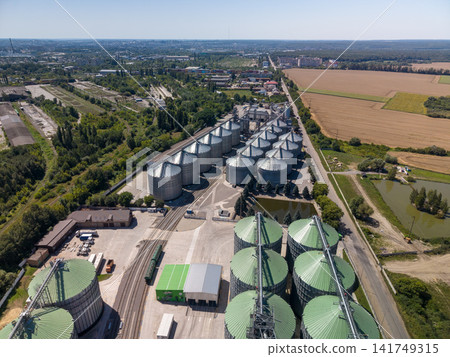 Wide Angle Drone View of Large Agricultural Grain Storage Silo Facility Wide Angle Drone View of Large Agricultural Grain Storage Silo Facility 141749315