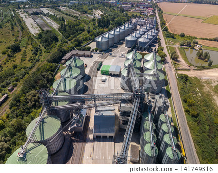 Panoramic Aerial View of Industrial Agricultural Silo Complex and Grain Elevator 141749316