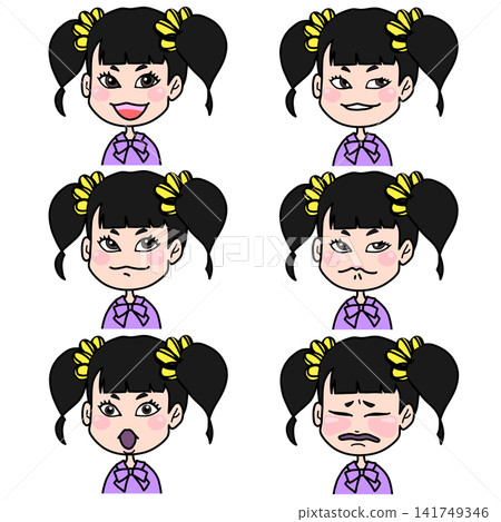 A set of six cute girl character expressions: smiling, crying, scheming, surprised, and downturned mouth. A set of six cute girl character expressions: smiling, crying, scheming, surprised, and downturned mouth. 141749346
