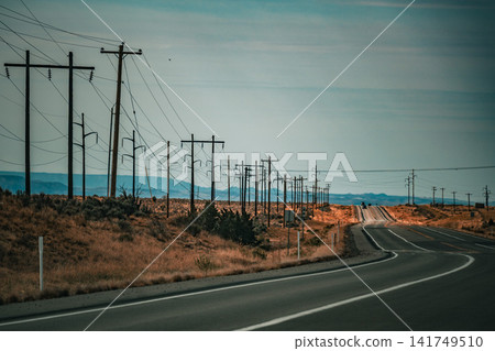 A breathtaking view of the horizon with roads and utility poles piercing the Utah wilderness (Western USA) A breathtaking view of the horizon with roads and utility poles piercing the Utah wilderness (Western USA) 141749510