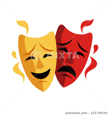 Comedy and tragedy masks. Theatrical icon. Yellow red design illustration. Comedy and tragedy masks. Theatrical icon. Yellow red design illustration. 141749544