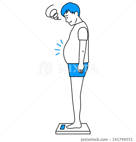 A young man looks displeased as he steps onto the weighing scale. 141749551