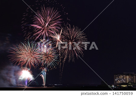 The Kita-Biwako Fireworks Festival (Nagahama City, Shiga Prefecture), which lights up the summer night sky, photographed from near Tamura Station. The Kita-Biwako Fireworks Festival (Nagahama City, Shiga Prefecture), which lights up the summer night sky, photographed from near Tamura Station. 141750059