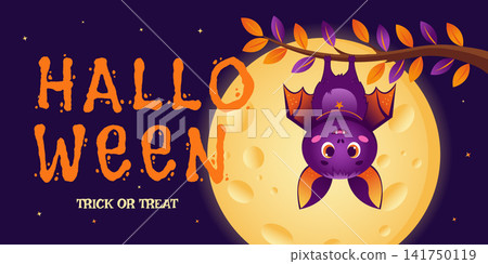 A cute purple bat hanging from a tree branch against the backdrop of a large full moon. A Halloween greeting banner with the words Trick or treat. A cute purple bat hanging from a tree branch against the backdrop of a large full moon. A Halloween greeting banner with the words Trick or treat. 141750119