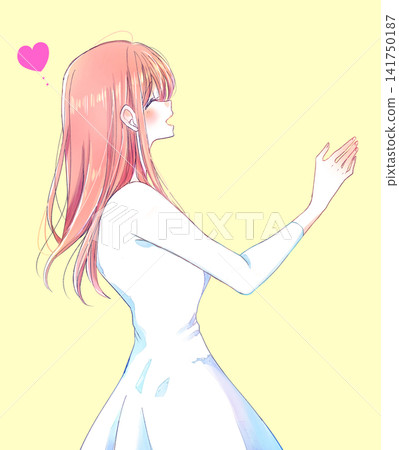 一位微笑的女子伸出手;浪漫;側面視角。 一位微笑的女子伸出手;浪漫;側面視角。 141750187