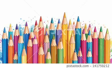 Colorful pencils row with watercolor splatters on white Colorful pencils row with watercolor splatters on white 141750212