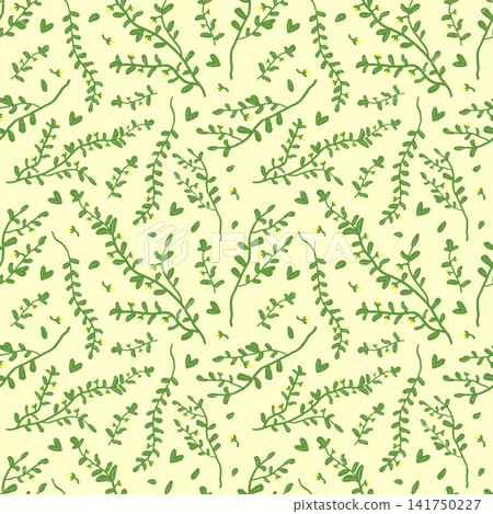 Seamless pattern with hand drawn green branches and small yellow flowers on light background. Decorative botanical textile design. Nature wallpaper concept for fabric or wrapping paper. Seamless pattern with hand drawn green branches and small yellow flowers on light background. Decorative botanical textile design. Nature wallpaper concept for fabric or wrapping paper. 141750227