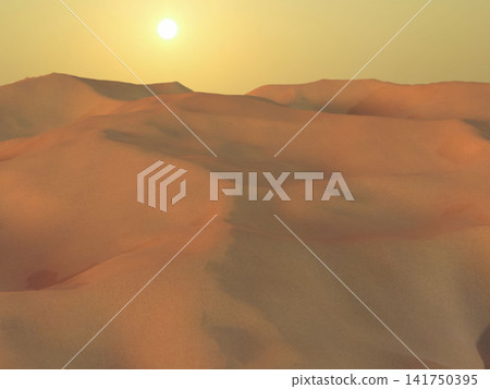 A 3DCG landscape of vast sand dunes illuminated by the setting sun. A 3DCG landscape of vast sand dunes illuminated by the setting sun. 141750395
