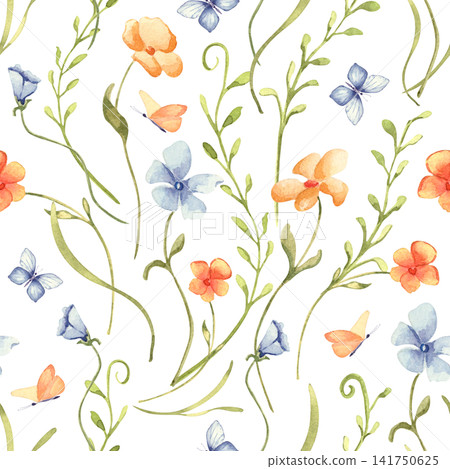 Watercolor seamless pattern of mini flowers and delicate blue butterflies on white. Hand drawn liberty style spring meadow plants for nursery wallpaper. Bright floral repeat design for napkin design. Watercolor seamless pattern of mini flowers and delicate blue butterflies on white. Hand drawn liberty style spring meadow plants for nursery wallpaper. Bright floral repeat design for napkin design. 141750625