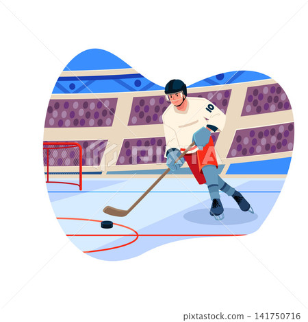 Ice hockey player in gear and uniform slides with hockey stick at ice stadium, vector cartoon sport game competition Ice hockey player in gear and uniform slides with hockey stick at ice stadium, vector cartoon sport game competition 141750716