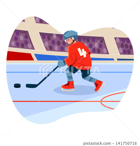 Ice hockey player boy in uniform with number 4 slides with hockey stick at ice stadium, vector sport game competition Ice hockey player boy in uniform with number 4 slides with hockey stick at ice stadium, vector sport game competition 141750718