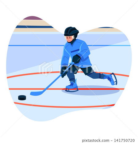 Ice hockey player wearing blue uniform slides with hockey stick, vector cartoon team sport game competition on ice arena Ice hockey player wearing blue uniform slides with hockey stick, vector cartoon team sport game competition on ice arena 141750720