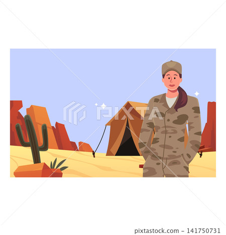 Woman soldier on desert landscape, vector cartoon military female character worker in camouflage uniform, border guard Woman soldier on desert landscape, vector cartoon military female character worker in camouflage uniform, border guard 141750731