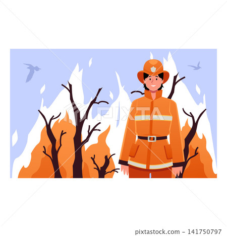 Firefighter woman character in uniform against the background of blazing fire in the forest, vector fire rescue service 141750797