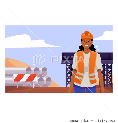 Flat vector construction worker woman with safety vest and helmet Flat vector construction worker woman with safety vest and helmet 141750803
