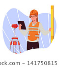 Surveyors civil engineer woman using measuring theodolite on tripod, vector geodesy workers with topographic tools 141750815