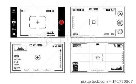 A set of various digital camera and video camera interfaces with settings icons. 141750867